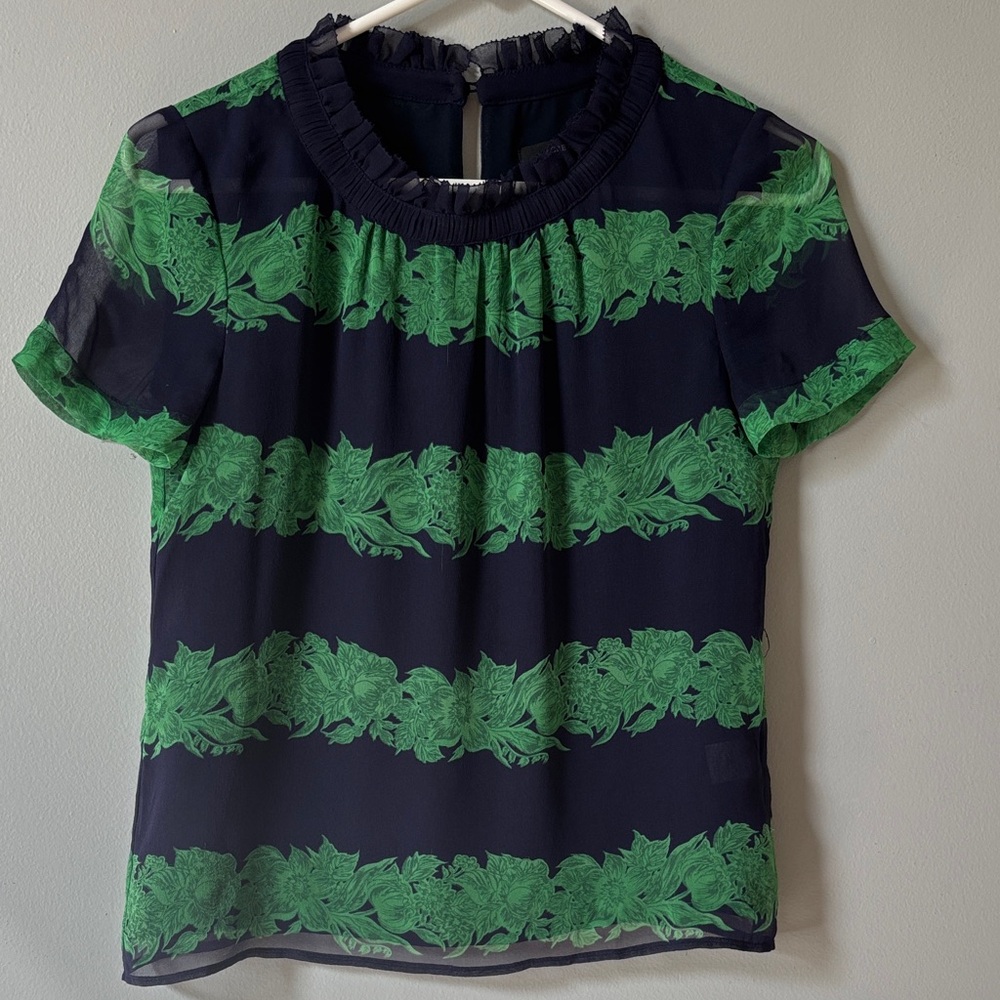J. Crew Navy and Green Floral Blouse